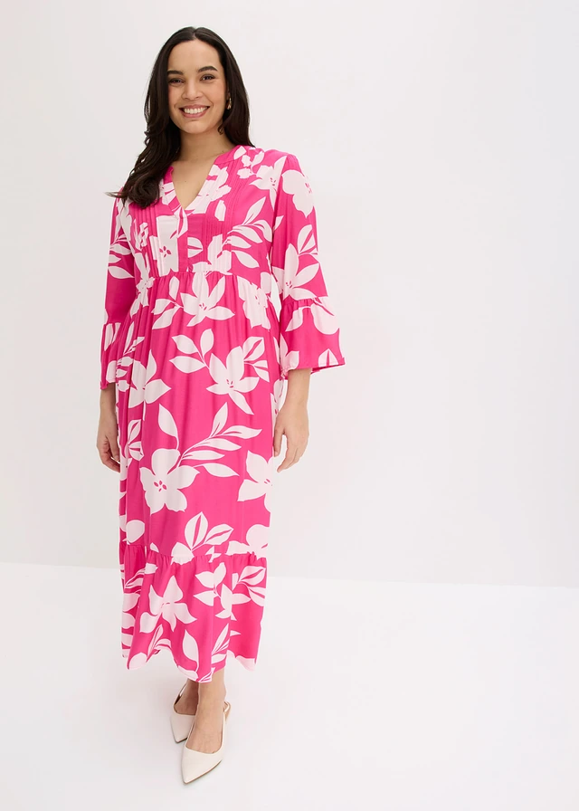 Robe longue en viscose fluide, Couleur: fuchsia-rose clair floral