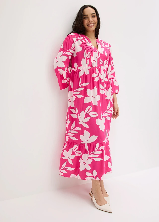 Robe longue en viscose fluide, Couleur: fuchsia-rose clair floral