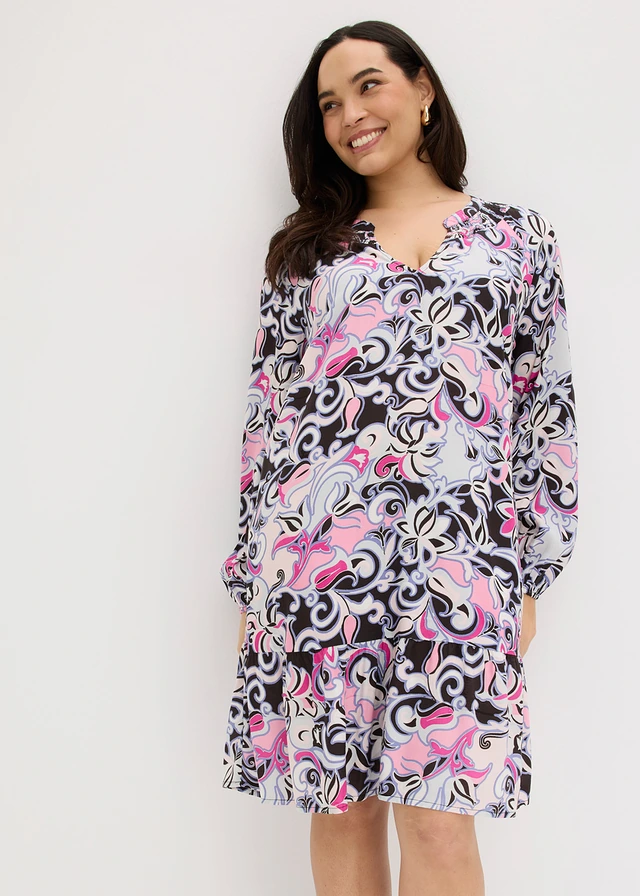 Robe-tunique en viscose fluide, Couleur: noir imprimé