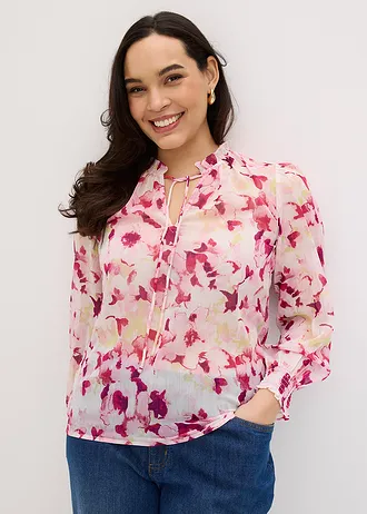 Gedessineerde blouse van chiffon, Kleur: roze gebloemd