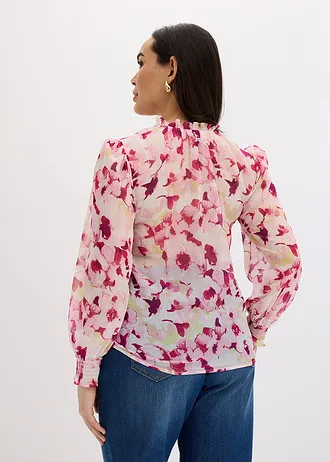 Gedessineerde blouse van chiffon, Kleur: roze gebloemd