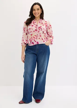 Gedessineerde blouse van chiffon, Kleur: roze gebloemd