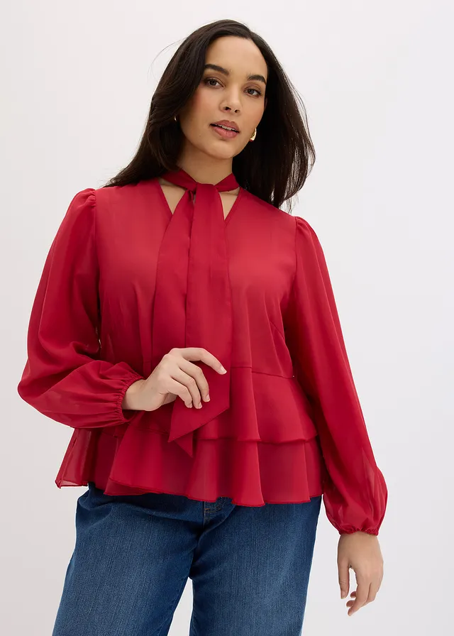 Blouse met strik, Kleur: kersenrood