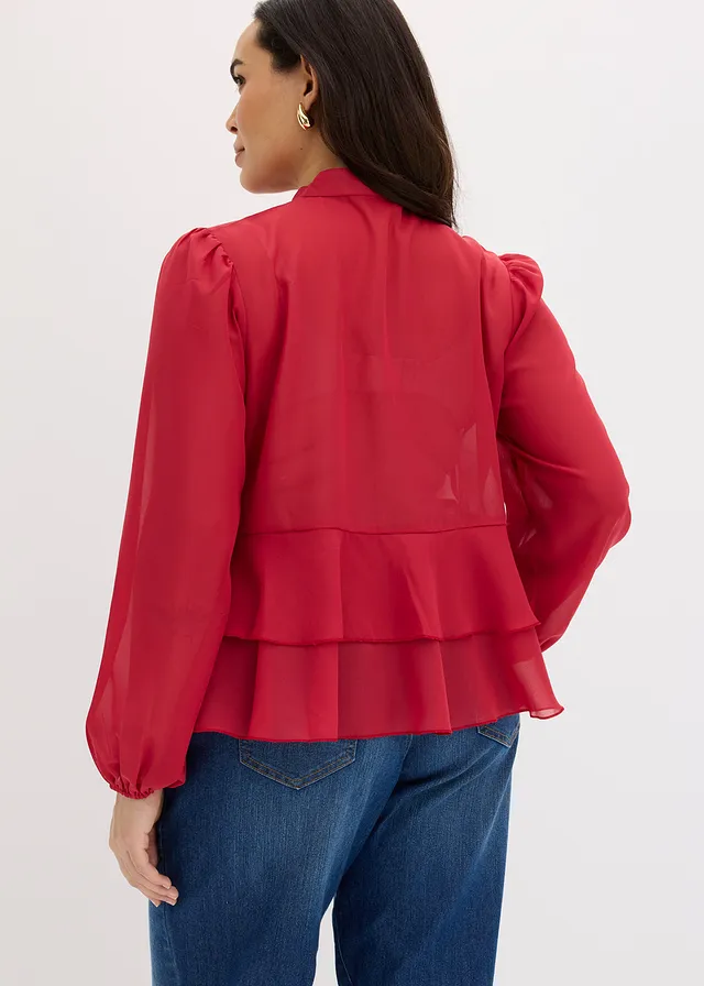 Blouse met strik, Kleur: kersenrood