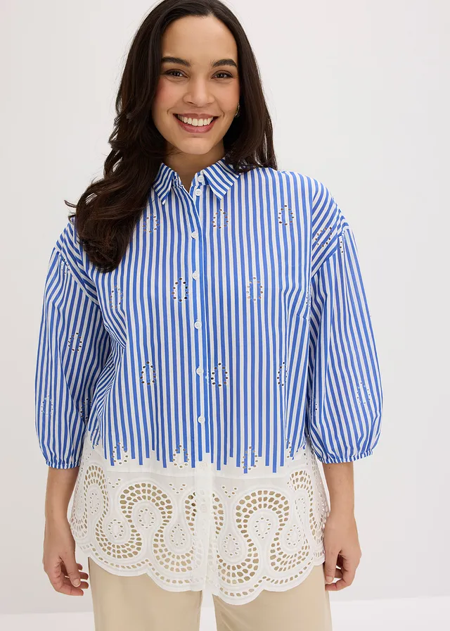 Chemisier oversize à broderie anglaise, Couleur: bleu/blanc rayé