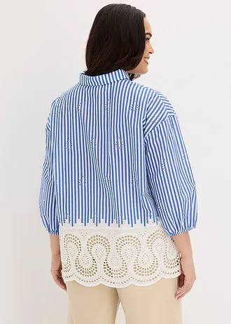 Oversized blouse met broderie anglaise, Kleur: blauw-wit gestreept