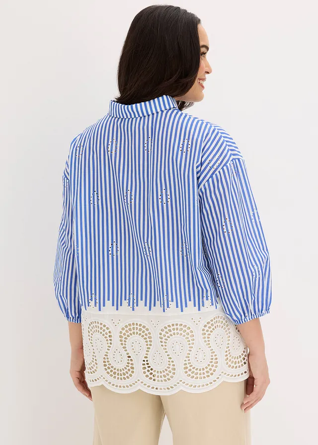 Chemisier oversize à broderie anglaise, Couleur: bleu/blanc rayé