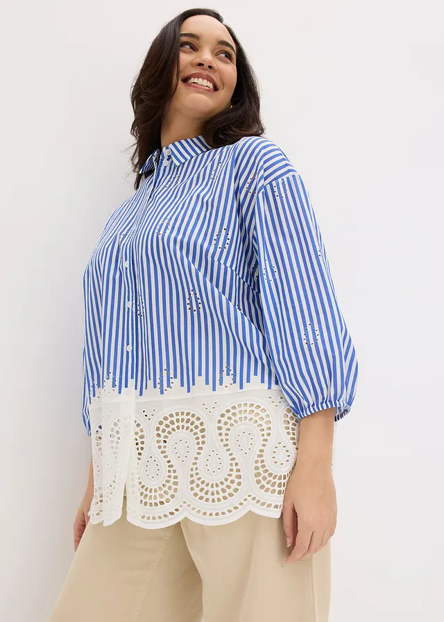 Chemisier oversize à broderie anglaise, Couleur: bleu/blanc rayé