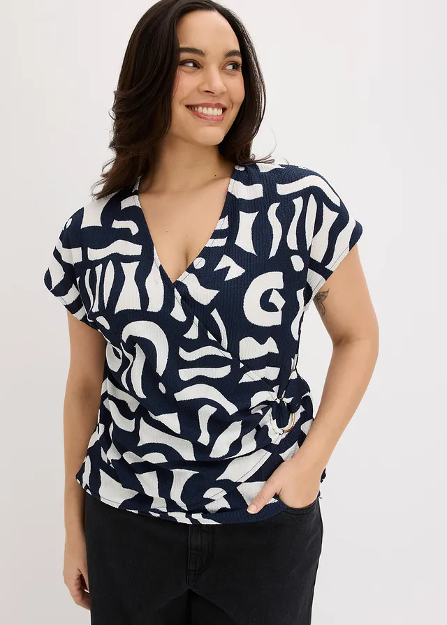 T-shirt imprimé, Couleur: bleu foncé-blanc graphique