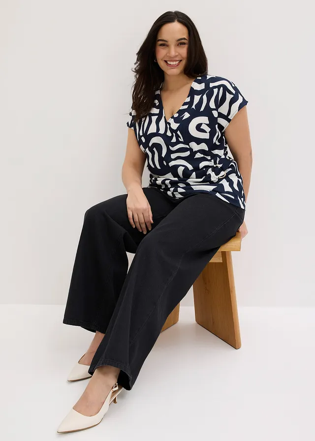T-shirt imprimé, Couleur: bleu foncé-blanc graphique