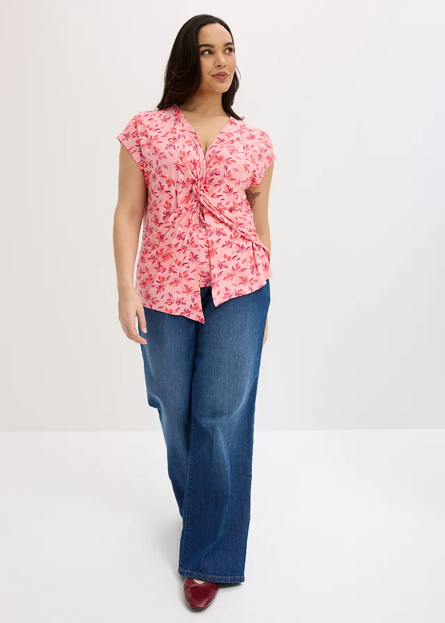Shirt met knoopdetail, Kleur: roze gebloemd