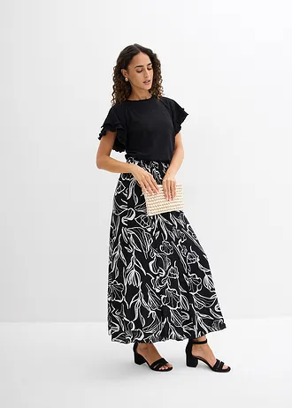 Jupe longue à effet froissé, Couleur: noir-écru floral