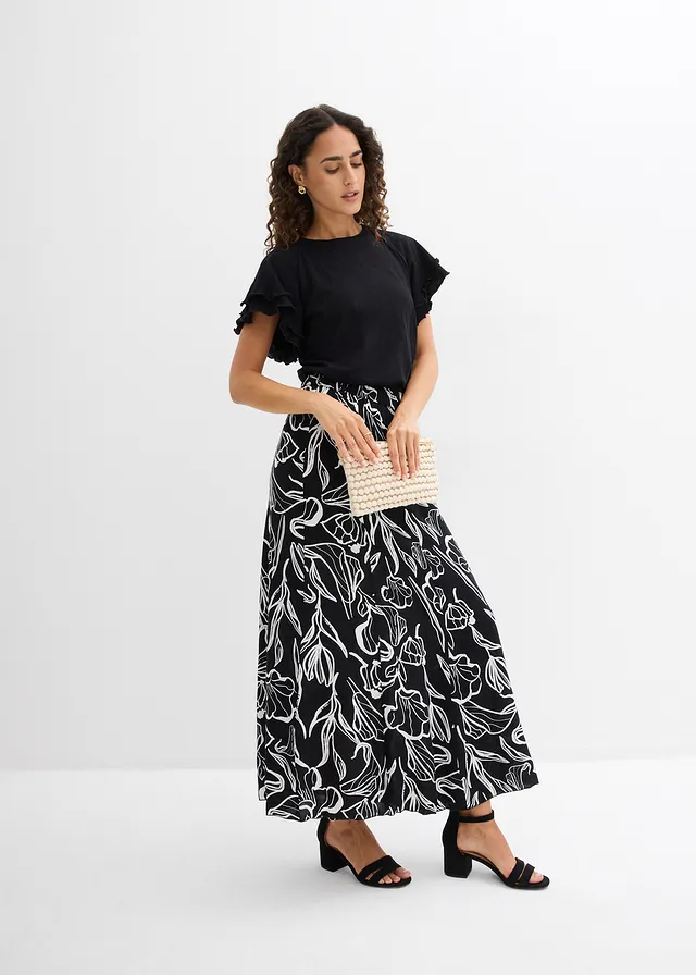 Maxi rok van viscose met crinkle-effect natuurbeige