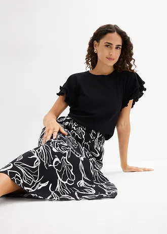 Jupe longue à effet froissé • noir-écru floral • Boutique bonprix