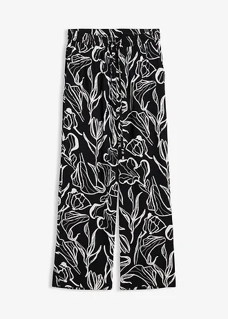 Pantalon à taille élastiquée en viscose, Couleur: noir-écru floral