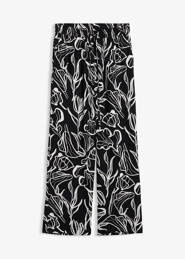 Pantalon à taille élastiquée en viscose, Couleur: noir/écru floral