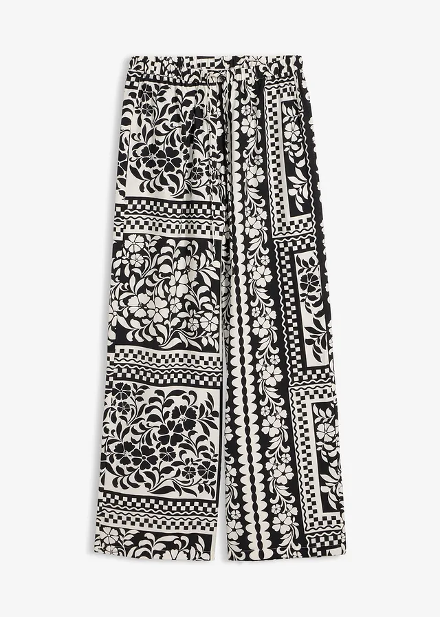Pantaloni fără încheiere din material fluid cu viscoză • negru-ecru cu imprimeu • magazin bonprix