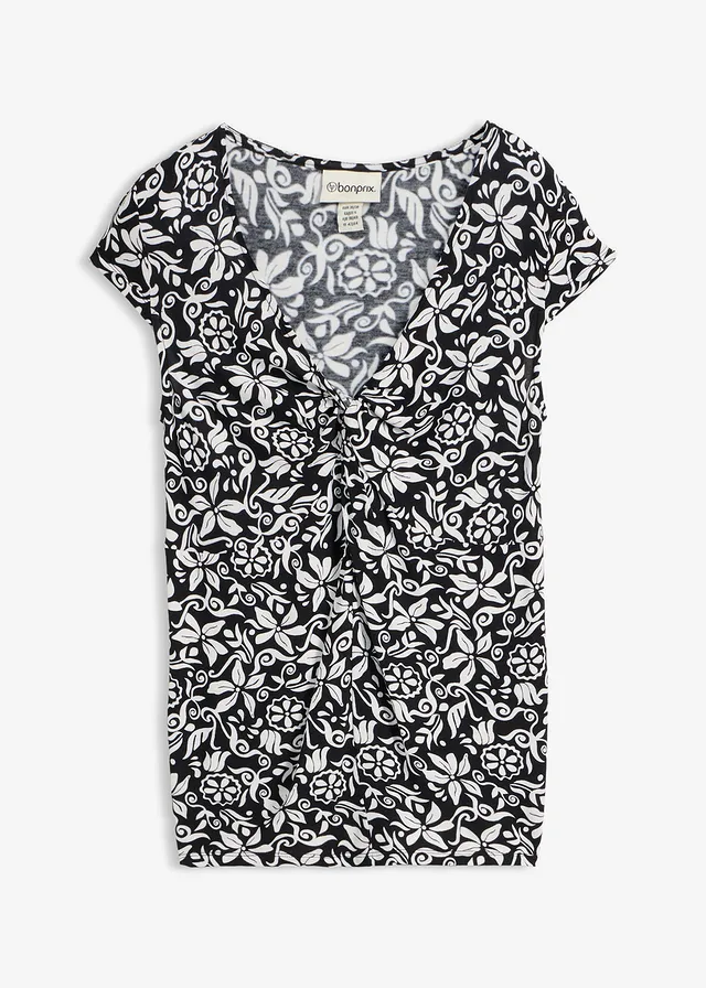 T-shirt en viscose extensible, Couleur: noir-écru graphique
