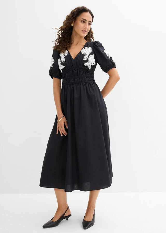 Robe midi brodée, Couleur: noir-blanc floral