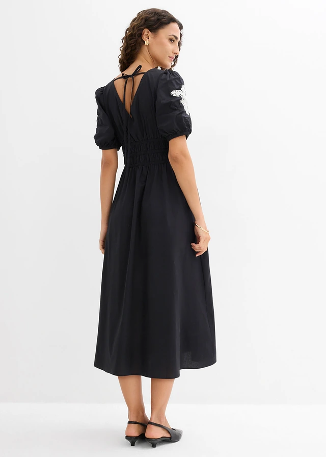 Midi jurk met borduursel, Kleur: zwart-wit gebloemd