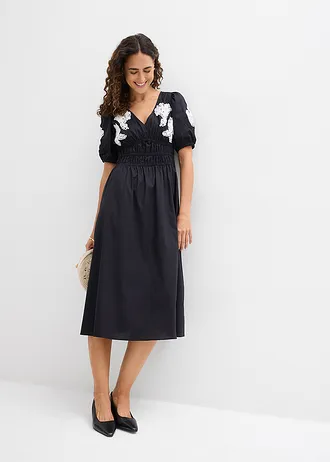 Midi jurk met borduursel, Kleur: zwart-wit gebloemd