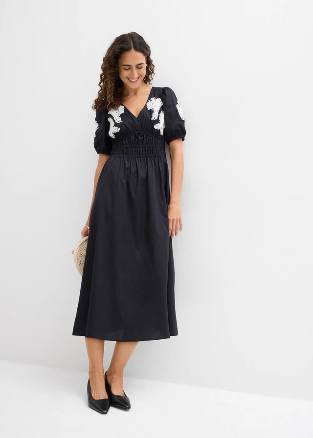 Midi jurk met borduursel, Kleur: zwart-wit gebloemd