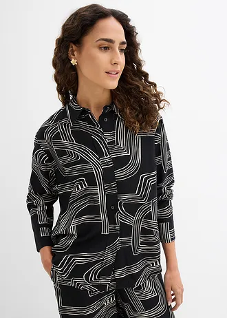 Blouse in een viscosemix, Kleur: parelwit-zwart grafische print