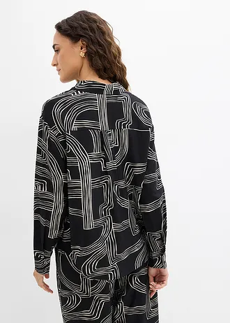 Blouse in een viscosemix, Kleur: parelwit-zwart grafische print