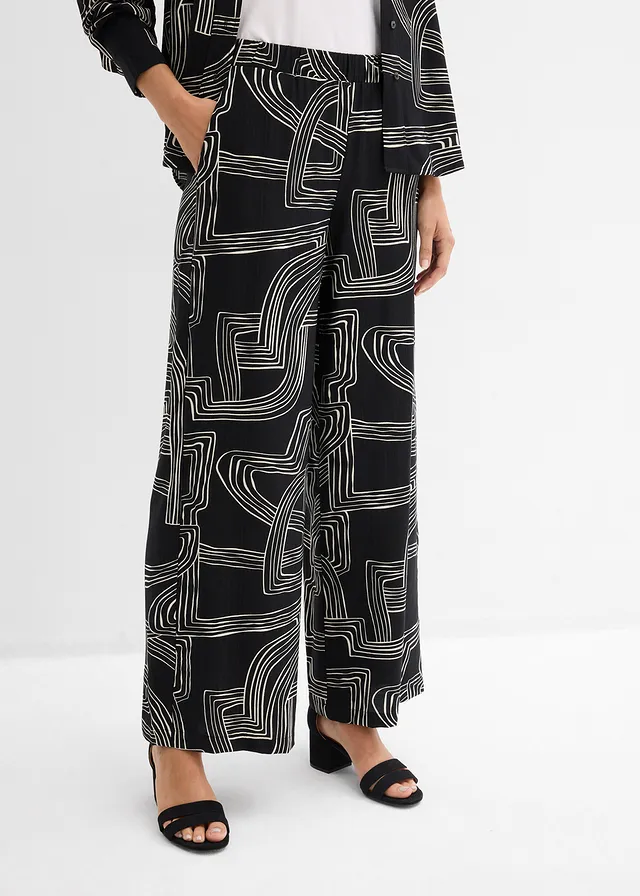 Marlene Dietrich broek in een viscosemix, Kleur: parelwit-zwart grafische print
