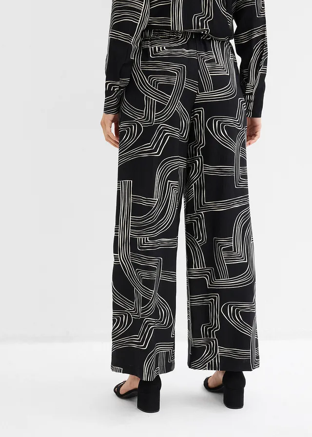 Marlene Dietrich broek in een viscosemix, Kleur: parelwit-zwart grafische print