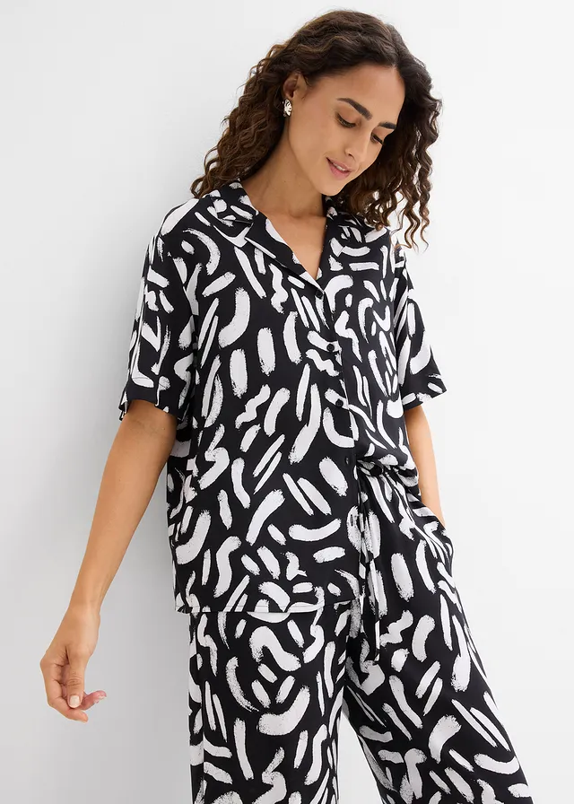 Overhemdblouse van soepele viscose, Kleur: zwart-wit grafische print