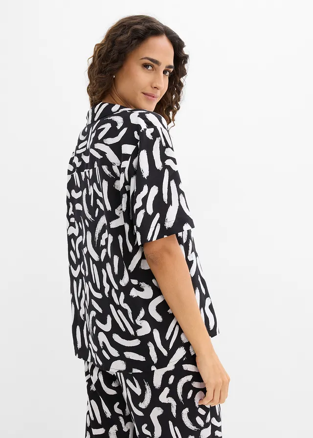 Overhemdblouse van soepele viscose, Kleur: zwart-wit grafische print