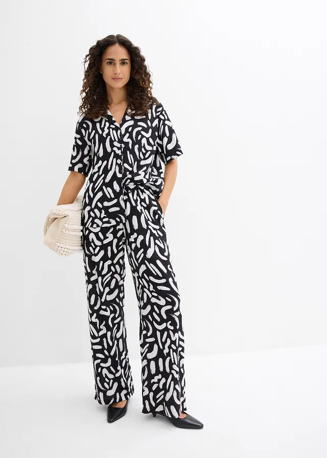 Overhemdblouse van soepele viscose zwart/wit