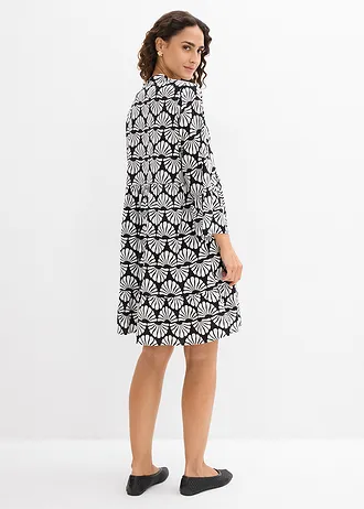Tuniekjurk van soepele viscose, Kleur: wolwit-zwart grafische print