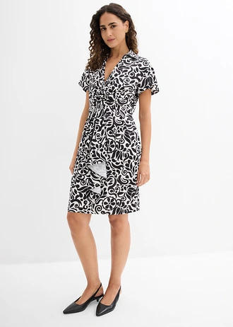 Mini jurk met een diep decolleté, Kleur: parelwit-zwart gebloemd