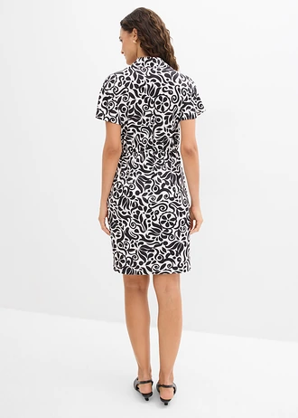 Mini jurk met een diep decolleté, Kleur: parelwit-zwart gebloemd