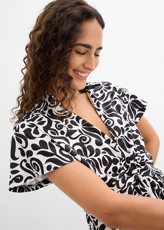 Mini ruha mély nyakkivágással • gyöngyfehér-fekete virágmintás • bonprix áruház