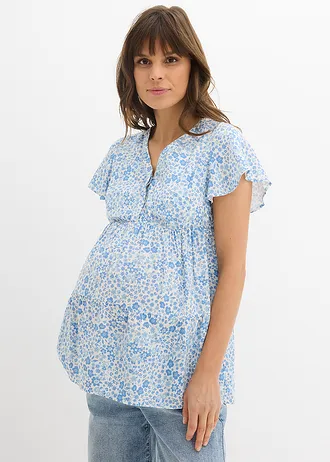 Bluză din viscoză fluidă cu model 2 în 1, pentru sarcină și alăptare, culoare: alb-albastru pudrat floral