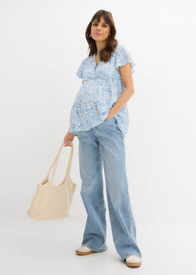 2-in-1 zwangerschaps- en borstvoedingsblouse van soepele viscose, Kleur: wit-poederblauw gebloemd