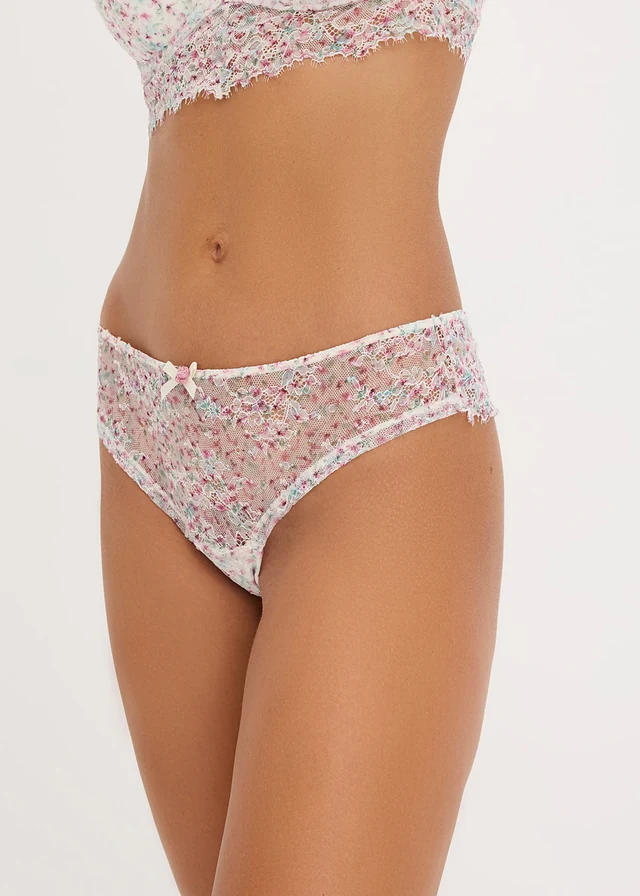 Brazilian slip met kant met bloemenprint (set van 2), Kleur: wolwit gebloemd+wolwit