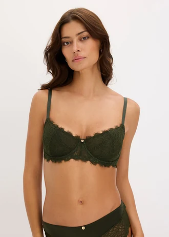 Beugel bh met een kleine padding en sierlijk kant, Kleur: nachtolijfgroen