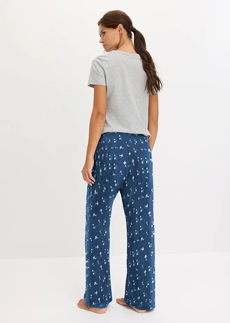 Pyjama met nauwsluitend shirt met korte mouwen, Kleur: lichtgrijs gemêleerd-indigo gebloemd