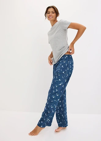 Pyjama met nauwsluitend shirt met korte mouwen, Kleur: lichtgrijs gemêleerd-indigo gebloemd