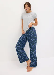 Piżama obcisłą koszulką z krótkim rękawem, kolor: jasnoszary melanż-indygo w kwiaty