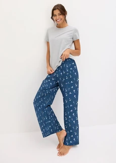 Pyjama met nauwsluitend shirt met korte mouwen, Kleur: lichtgrijs gemêleerd-indigo gebloemd