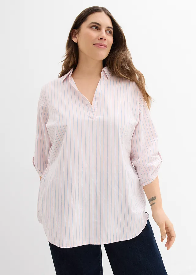 Blouse van puur katoen, Kleur: lichtroze-middenblauw-wolwit gestreept