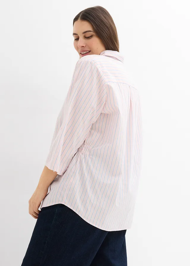 Blouse 100% coton, Couleur: rose clair-bleu moyen-écru rayé
