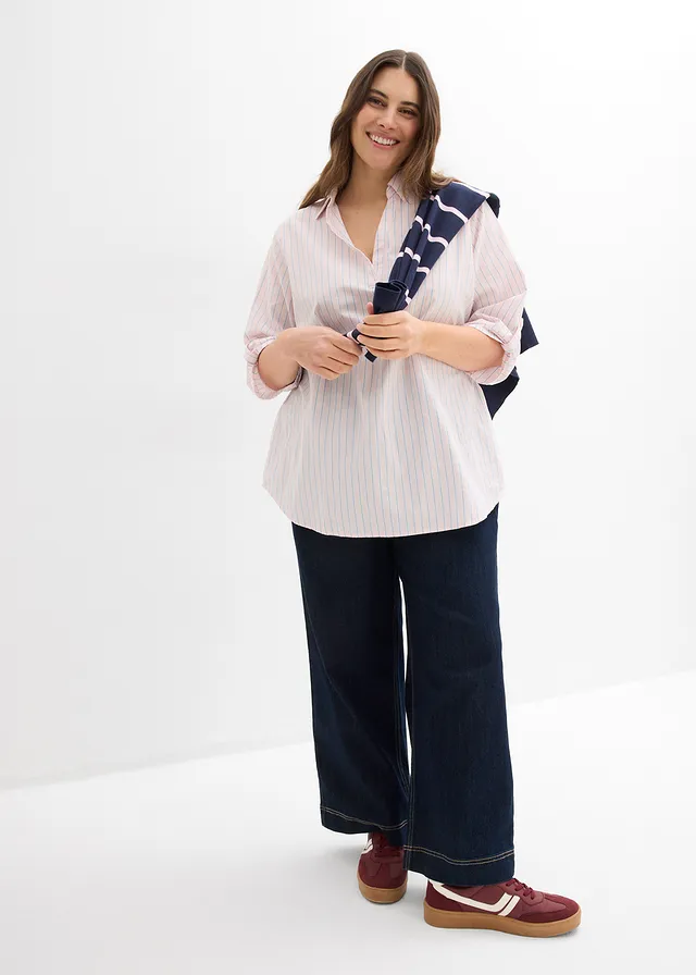 Blouse 100% coton, Couleur: rose clair-bleu moyen-écru rayé