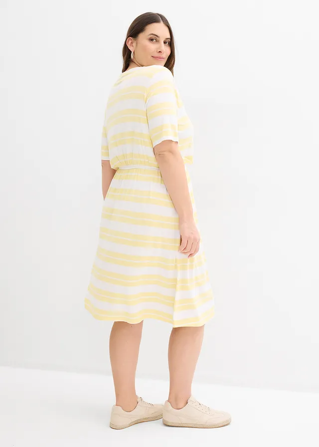 Robe en viscose extensible, Couleur: jaune clair rayé