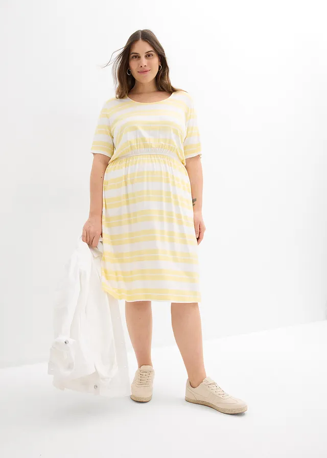Robe en viscose extensible, Couleur: jaune clair rayé